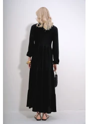 Trend Alaçatı Stili Women's Black High Collar Buttoned Front Layered Flounced Crinkle Dress ALC-X12050