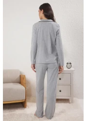  Collection Cotton Gray Printed Pajamas Set - Piping and Pocket Detail Thmaw22Pt0785