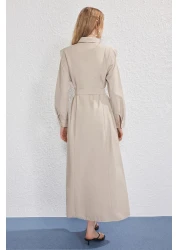  Modest Beige Belt Buckle Detailed Woven Terrycotton Dress Tctss25Eb00134