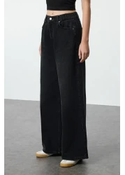  Collection High Waist Extra Wide Leg Black Palazzo Jeans - Elastic Waist Twoaw24Je00350
