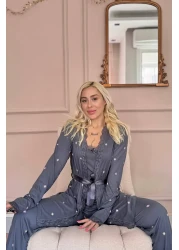 Pijamaevi Anthracite Sunlit Patterned Bamboo Women's Pajama Set with Dressing Gown