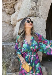 bytugcekaya Mixed Color Dress with Bat Sleeve and Slit Detail