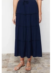  Collection Navy Blue Flared Maxi Length Woven Skirt with Gather Detail at Waist TWOSS24ET00098