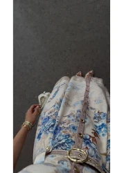 HAZELANNA فستان منقوش بالكتان مطبوع رقميًا باللون الأزرق