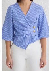  Collection Blue Double Breasted Striped Woven Blouse Twoss25Bz00170