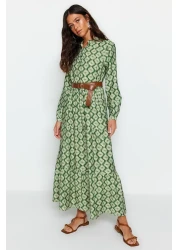  Modest Green Belted Skirt Flounced Flower Patterned Lined Woven Dress TCTSS23EB00111