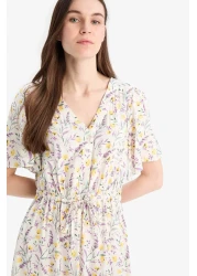 Defacto فستان صيفي متوسط ​​الطول بأكمام قصيرة ورباط على شكل زهرة على شكل حرف V D2835ax25sm