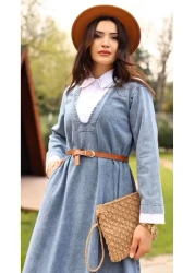 Cardella فستان جينز بياقة قميص وحزام عالي الجودة من قماش الدنيم فستان جينز متوافق مع الحجاب