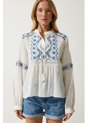 Happiness İstanbul بلوزة نسائية منسوجة مطرزة باللون الأبيض ES00162