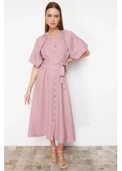 Modest Pink Belted Half Balloon Sleeve Linen Look Woven Shirt Dress TCTSS24EB00014