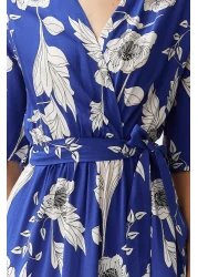  Collection فستان منسوج متوسط الطول بحزام أزرق وطبعة زهور على شكل حرف A ورقبة مزدوجة الصدر TWOSS24EL00915