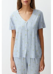  Collection Colorful Floral Pattern and Ruffle Knitted Pajamas Set - Blue THMSS24PT00232