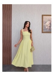 ESRAHELVACI فستان بياقة مربعة وأشرطة سميكة بطول متوسط