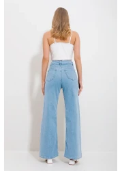 Trend Alaçatı Stili بنطال نسائي من قماش الدنيم باللون الأزرق الجليدي بخمسة جيوب من الليكرا بالازو Alc-X11757