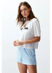  Collection White Striped 100% Cotton Sleepwear Set with Shorts - Women's Couple Thmss24Pt00175