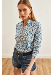 Olalook قميص فيسكوز منسوج منقوش باللون الأزرق على شكل قلب صغير للنساء GML-19001204