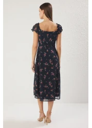  Collection Navy Floral Lined Chiffon Flight Flight Woven Midi Shirt Dress Twoss25El00563