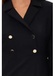  Modest Black Double Breasted Collar Button Detailed Woven Dress TCTSS24EB00020