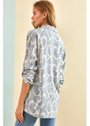 Bianco Lucci قميص فيسكوز نسائي مطوي وأكمام منقوشة بأوراق متعددة