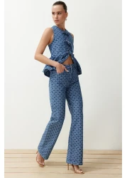  Collection Dark Blue Print High Waist Wide Leg Jeans Twoss24Je00278