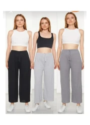 ipek collection 3 قطع أسود - رمادي - بنطلون نسائي مضلع وبدلة رياضية، بيجامة ملابس منزلية غير رسمية