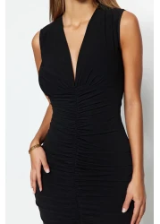  Collection Black Fitted/Body-Sitting Gather Detailed Midi Flexible Knitted Pencil Dress TWOSS23EL00751