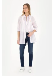 U.S. Polo Assn. قميص نسائي ذو مظهر كتان أرجواني - كم طويل50288408-VR034