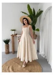 Julidress Beige Embossed Floral Patterned Lined Strap Midi Long Length Premium Linen Dress