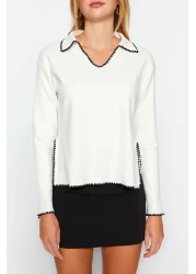 Collection Ecru Crochet Embroidery Detailed Corded Shirt Collar Regular Fit Knitted Blouse TWOAW24BZ00398