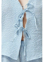  Collection Blue Textured Gingham Lacing/Ribbon/Bow Detailed Shorts Woven Pajamas Set Thmss24Pt00149
