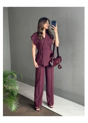 Forlady4 مجموعة سترة وسروال بتصميم بورجوندي للنساء