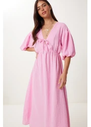 Lovelyİstanbul فستان موسلين شفاف خفيف وردي Lkb0014