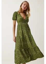 Happiness İstanbul فستان نسائي صيفي محبوك بياقة ملفوفة باللون الكاكي UB00267