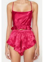  Collection Fuchsia Ruffled and Back Rope Strap Satin Woven Pajamas Set Thmss23Pt00048