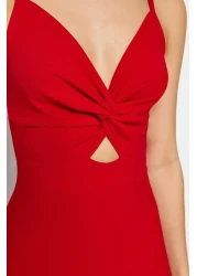  Collection فستان محبوك قصير بحزام مناسب من الكريب الأحمر ومفصل ومزين بفتحة رقبة على شكل قلب TWOSS23EL02097