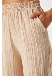 Happiness İstanbul طقم بالازو محبوك بلون كريمي للنساء - سترة بحزام BY00055