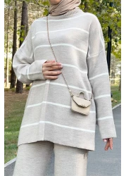 Tesettür Dünyası Beige Striped Knitwear Set - Tsd220905