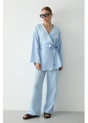 Laluvia Blue Cotton Kimono Wide Leg Pants Set