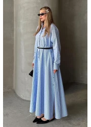 Olcay فستان بوبلين فضفاض بتفاصيل أزرار على الجانب أزرق-أبيض 9316-E