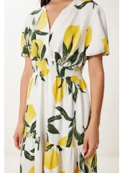 Happiness İstanbul Women's Ecru Yellow Lemon Patterned Flounced Summer Viscose Dress Fn03467