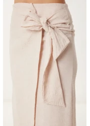 Happiness İstanbul طقم تنورة قميص كتان كريمي نسائي FN03475