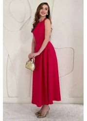 Elbee Fashion Woman Fuchsia Halter Neck Flared Dress