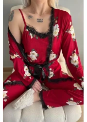Pijamaevi Burgundy Floral Patterned Pegasus Pajama Set with Dressing Gown