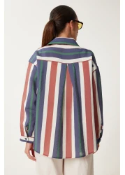 Happiness İstanbul قميص مجعد مخطط باللون الأزرق الداكن للنساء DP00246