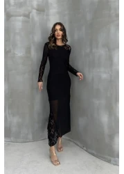 leyla sanat sanata yeni bir bakış açısı ليلى آرت آرت وجهة نظر جديدة فستان من التول مع تفاصيل الدانتيل اللوزي 2659-8