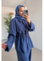 Ka Hijab Relaxed Cut Gather Detailed Suit - Indigo
