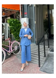 VOLT CLOTHİNG طقم بنطلون وسترة كتان برباط على الخصر للنساء