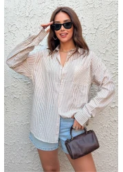 King Brothers Women Shirt Loose Fit Boyfriend Beige Thick Striped Shirt Single Pocket Long Sleeve