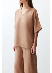  Collection Camel Color V-Neck Blouse and Trousers Set - Twoss24Au00096