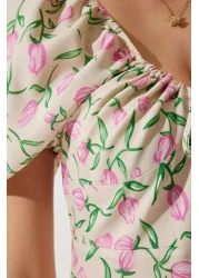 Happiness İstanbul Women's Beige Pink Patterned Balloon Sleeve Summer Viscose Dress FN03177